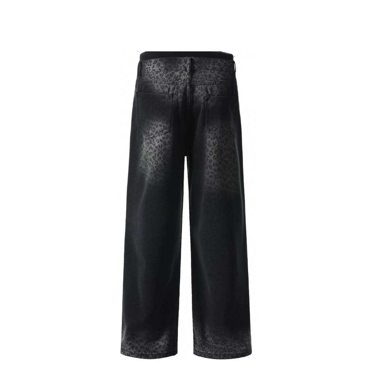Black Wash Denim Five Pockets Wide-Leg Pants with Leopard Print Design Vintage Y2K Style Baggy Denim Jeans for Winter