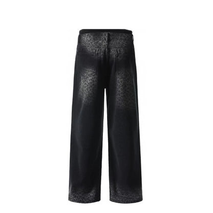 Black Wash Denim Five Pockets Wide-Leg Pants with Leopard Print Design Vintage Y2K Style Baggy Denim Jeans for Winter