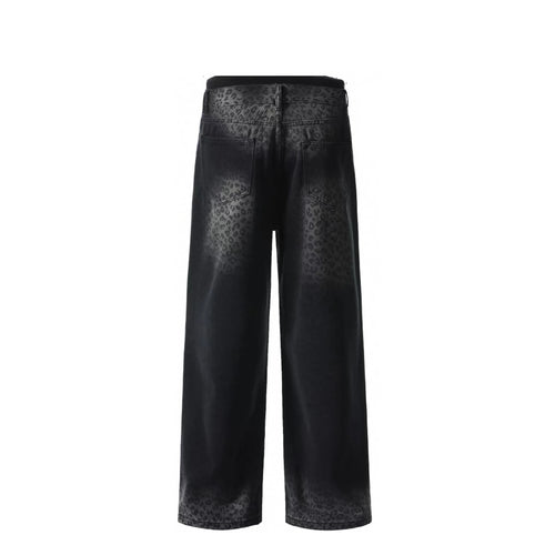 Black Wash Denim Five Pockets Wide-Leg Pants with Leopard Print Design Vintage Y2K Style Baggy Denim Jeans for Winter