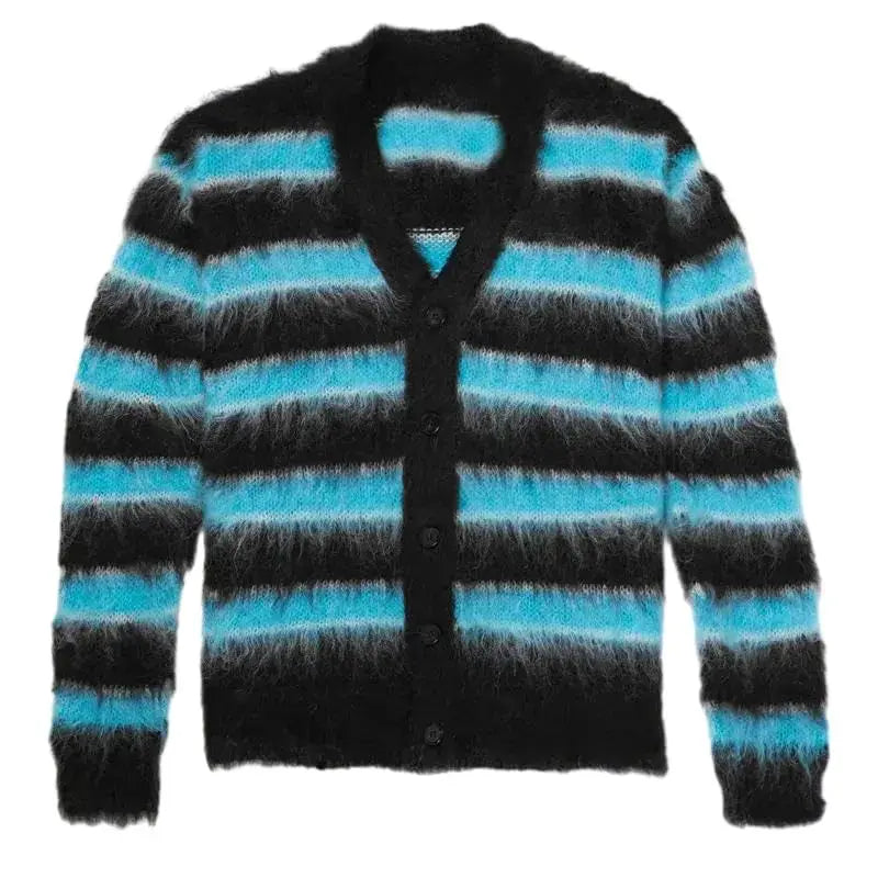 Men's V-Neck Cardigan Sweater for Autumn and Winter Striped Mohair Knit Long Sleeve With Pattern Decoration