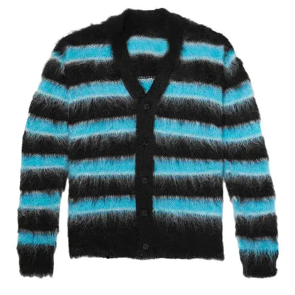Men's V-Neck Cardigan Sweater for Autumn and Winter Striped Mohair Knit Long Sleeve With Pattern Decoration