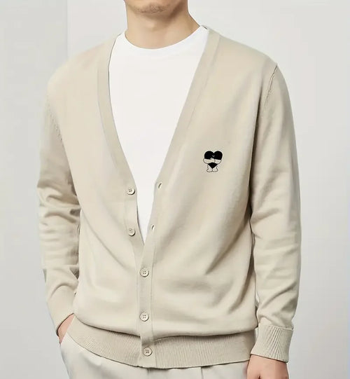 Men's New Fashion Solid Color Embroidered V-Neck Cardigan Coat 100% Cotton Sweater With Button Decoration Winter