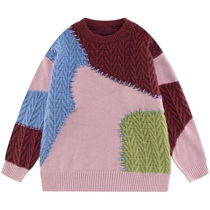 Casual Knit Pullover Colorblocked Chunky Knit Sweater Crew Neck Long Sleeve Men's Sweater