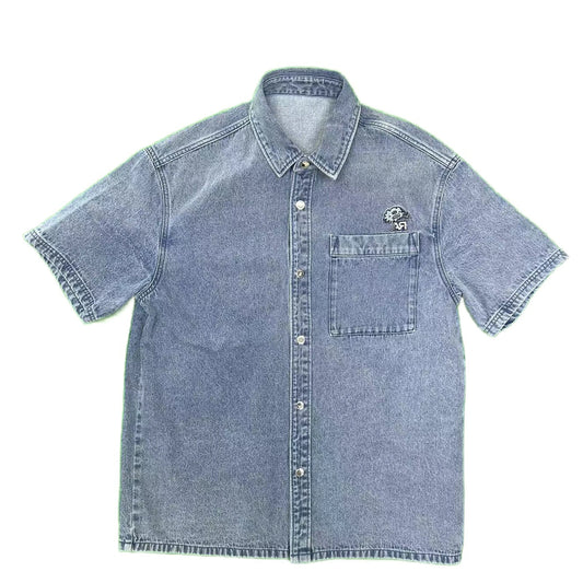 Men's Summer Casual Short Sleeve Denim Shirt with Embroidery