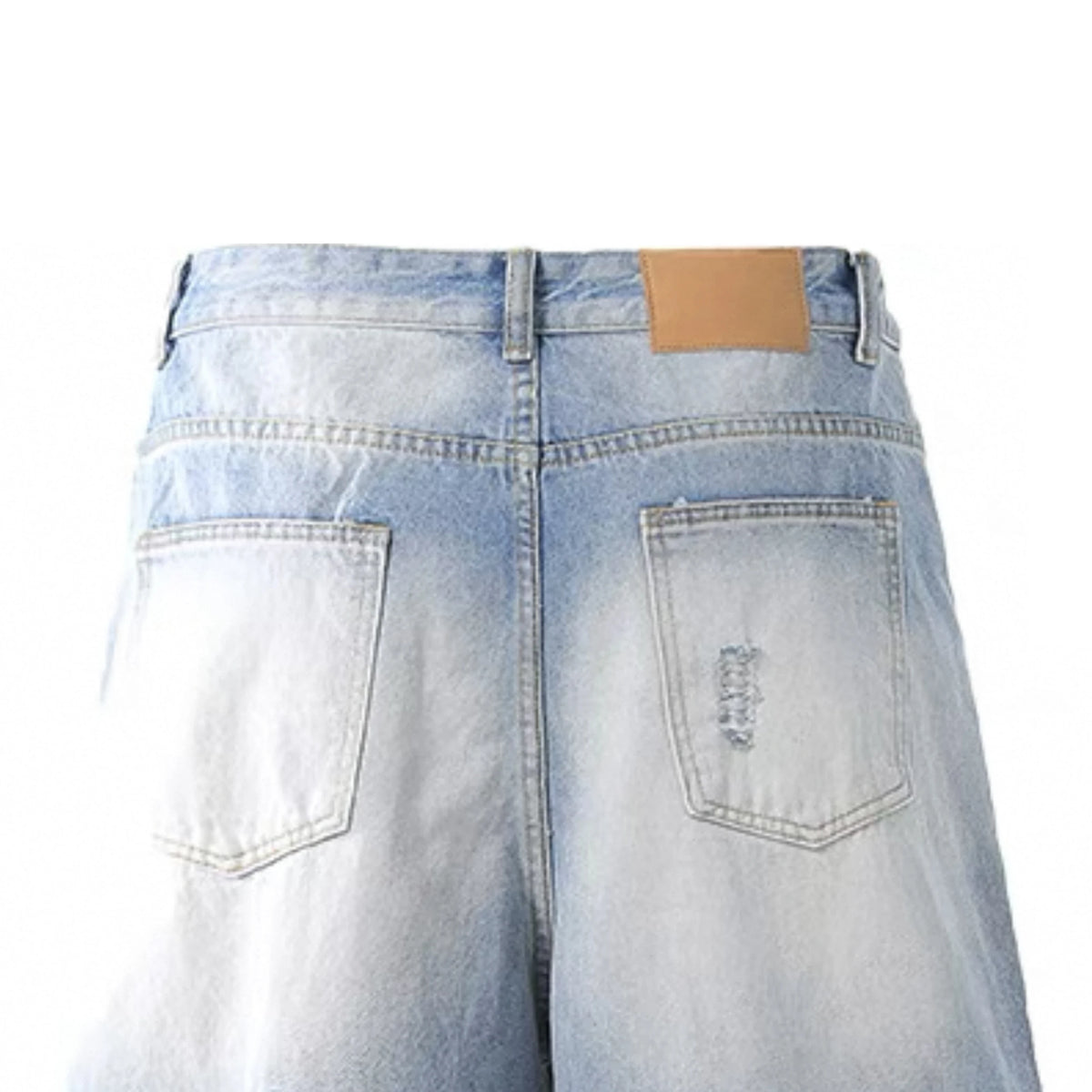 Unisex Trendy Mid Waist Knitted Wide Leg Denim Shorts Vintage Casual Style with Distressed Print Men's Summer Button Hole