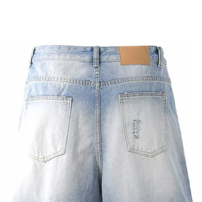 Unisex Trendy Mid Waist Knitted Wide Leg Denim Shorts Vintage Casual Style with Distressed Print Men's Summer Button Hole