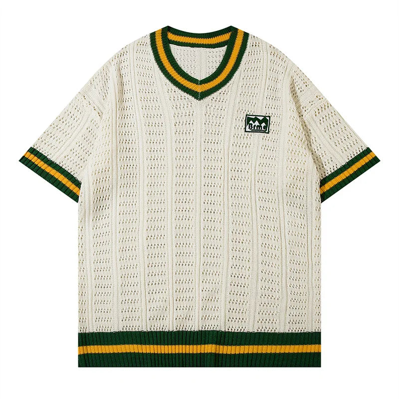 Embroidered Casual Breathable College Style V-Neck Knit 100% Cotton Short Sleeve Knit T-Shirt