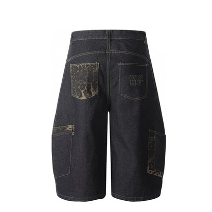 Vintage Curved Short Jeans Leopard Patchwork Breathable Mid Waist Denim Overalls for Men Cotton Summer Knitted