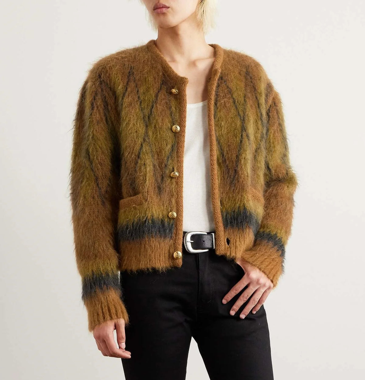 Fashion Furry Knit Cardigan Long Sleeve Short Knit Jacket Mohair Blend Cardigan for Men