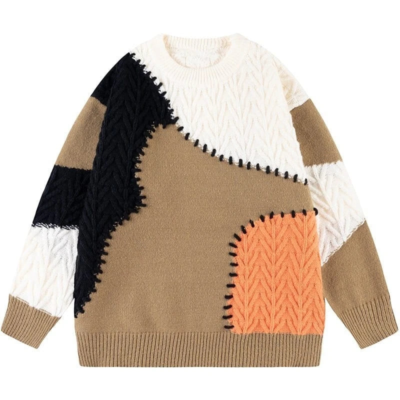 Casual Knit Pullover Colorblocked Chunky Knit Sweater Crew Neck Long Sleeve Men's Sweater