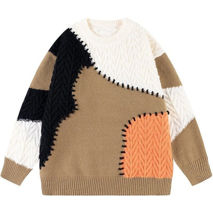Casual Knit Pullover Colorblocked Chunky Knit Sweater Crew Neck Long Sleeve Men's Sweater