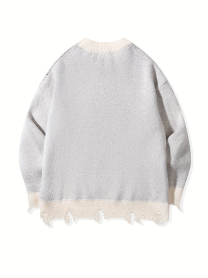 Casual Jacquard Sweater 100% Cotton Raglan Design Round Neck Loose Men's Knitted Sweater