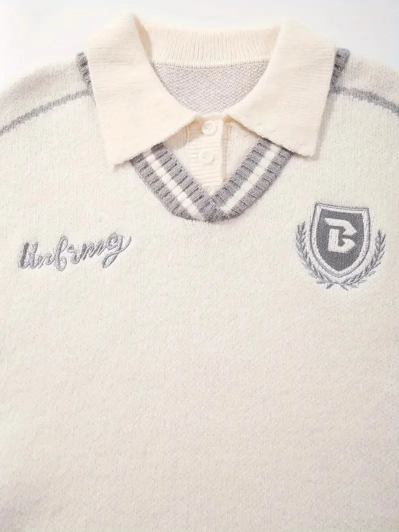 Embroidered Casual College Style POLO Knit Sweater Long Sleeve Wool Blend Unisex Sweater