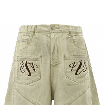 Summer Denim Muddy Shorts for Men and Women Old Stitched Wide Leg with Embroidered Pockets and Breathable Mid Washed Finish