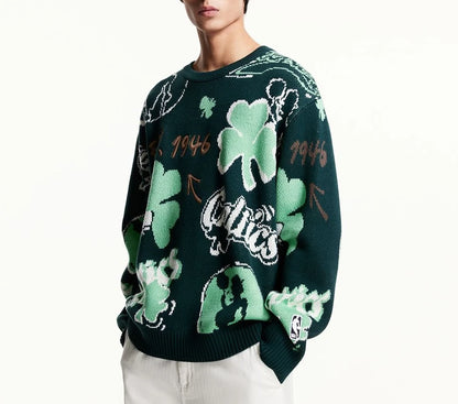 Jacquard Pattern Design 100% Cotton Knitted Pullover Sweater Loose Casual Sweater for Men