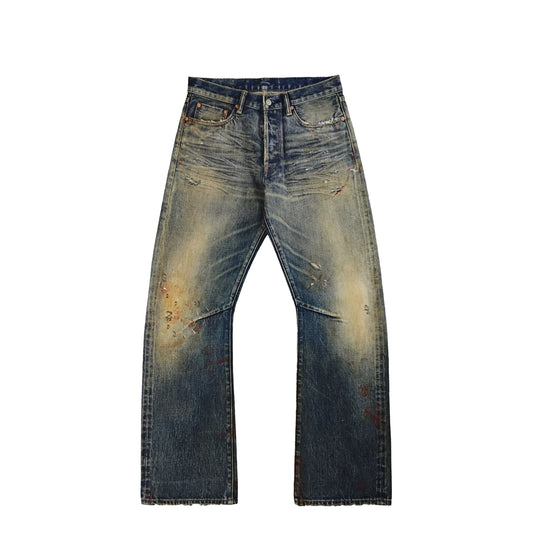 Autumn Vintage Boot Cut Jeans Pants Mid Waist Baggy Fit Selvedge Denim Button Washed Distressed Print Breathable and Washable