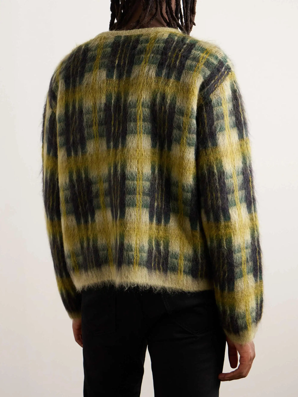Men's Fashionable V-Neck Furry Mohair Sweater Cardigan Pockets Brushed Jacquard Knit Winter Pattern