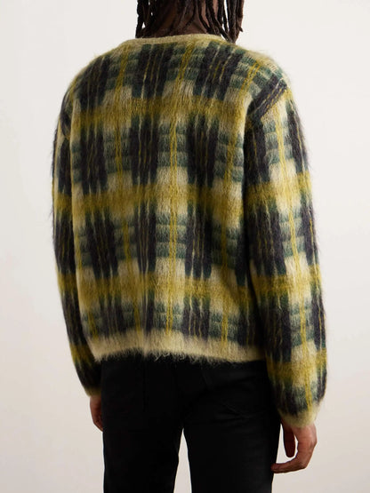 Men's Fashionable V-Neck Furry Mohair Sweater Cardigan Pockets Brushed Jacquard Knit Winter Pattern