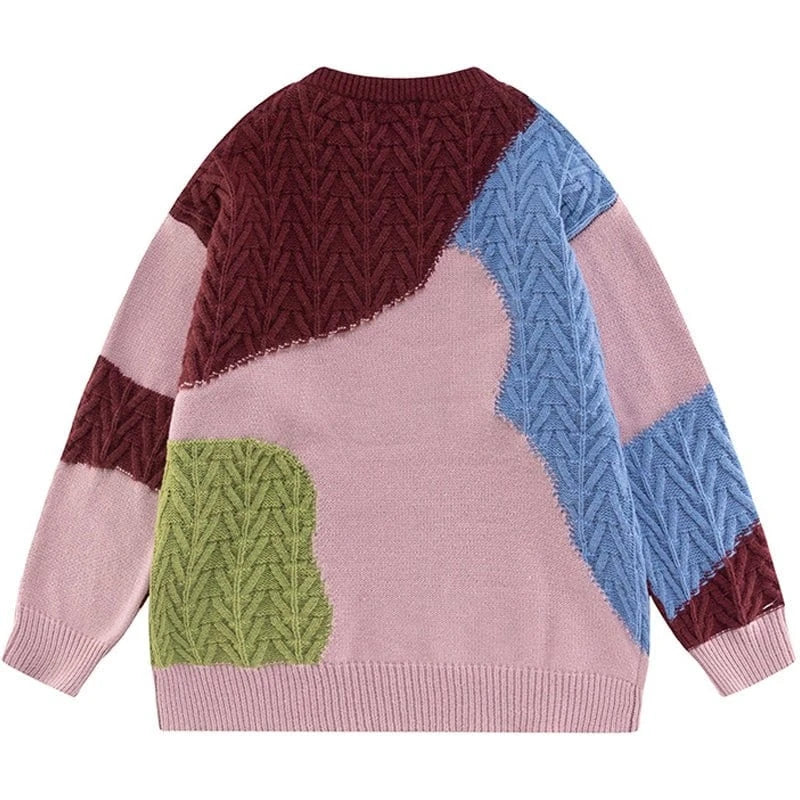 Casual Knit Pullover Colorblocked Chunky Knit Sweater Crew Neck Long Sleeve Men's Sweater