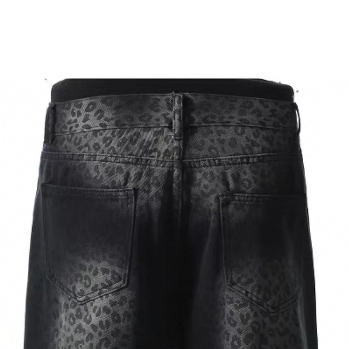 Black Wash Denim Five Pockets Wide-Leg Pants with Leopard Print Design Vintage Y2K Style Baggy Denim Jeans for Winter