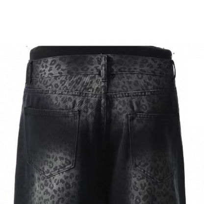Black Wash Denim Five Pockets Wide-Leg Pants with Leopard Print Design Vintage Y2K Style Baggy Denim Jeans for Winter