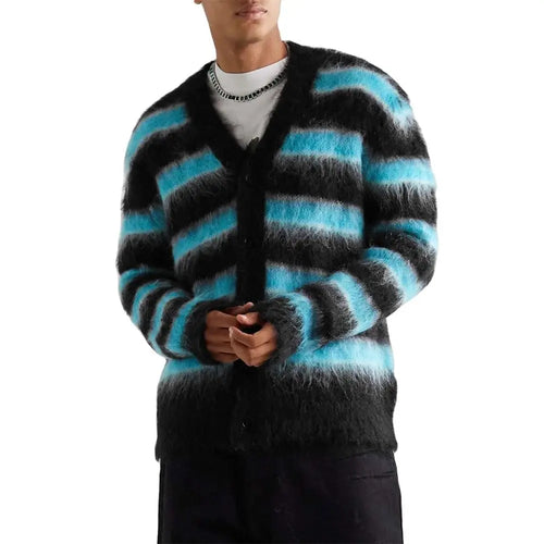 Men's V-Neck Cardigan Sweater for Autumn and Winter Striped Mohair Knit Long Sleeve With Pattern Decoration