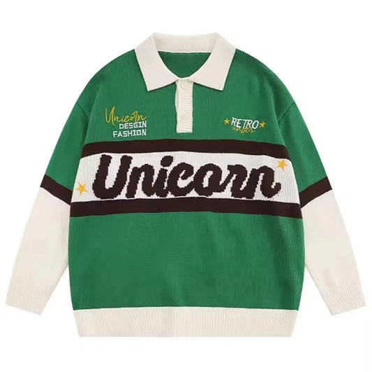 Fashion Casual Long Sleeve Polo Collar Letter Pattern Jacquard Knit Men's Pullover Sweater
