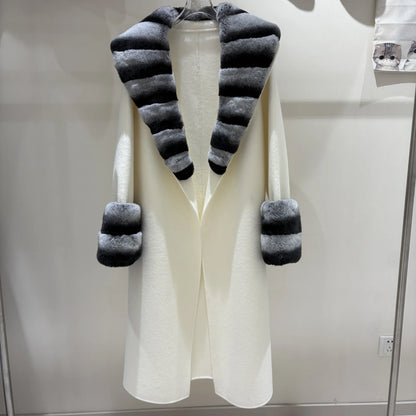 Winter High-End Double-Sided Cashmere Coat With Fox Fur Collar and Belt Mid-Length Fur Coat for Women