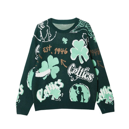 Jacquard Pattern Design 100% Cotton Knitted Pullover Sweater Loose Casual Sweater for Men