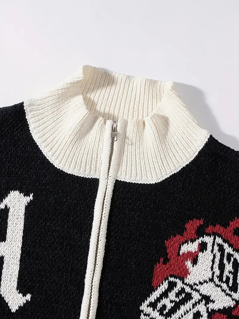 Unisex Street Style Knit Sweater Jacket Casual Loose Zipper Design Long Sleeve 100% Cotton Jacquard Pattern Knit Sweater