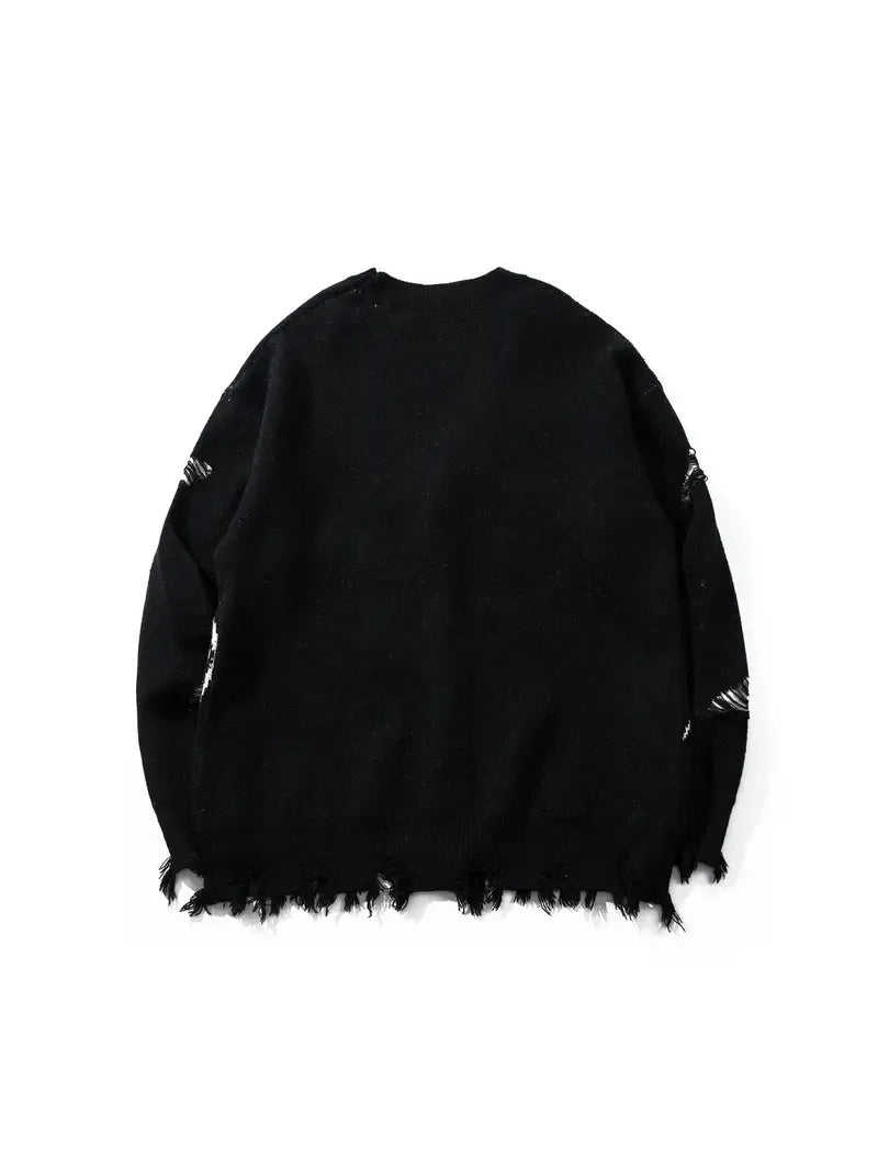 Street Style V-Neck Sweater Torn Loose Knit Cardigan Cotton Jacquard Men's Knit Cardigan