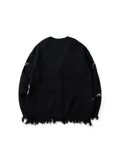 Street Style V-Neck Sweater Torn Loose Knit Cardigan Cotton Jacquard Men's Knit Cardigan