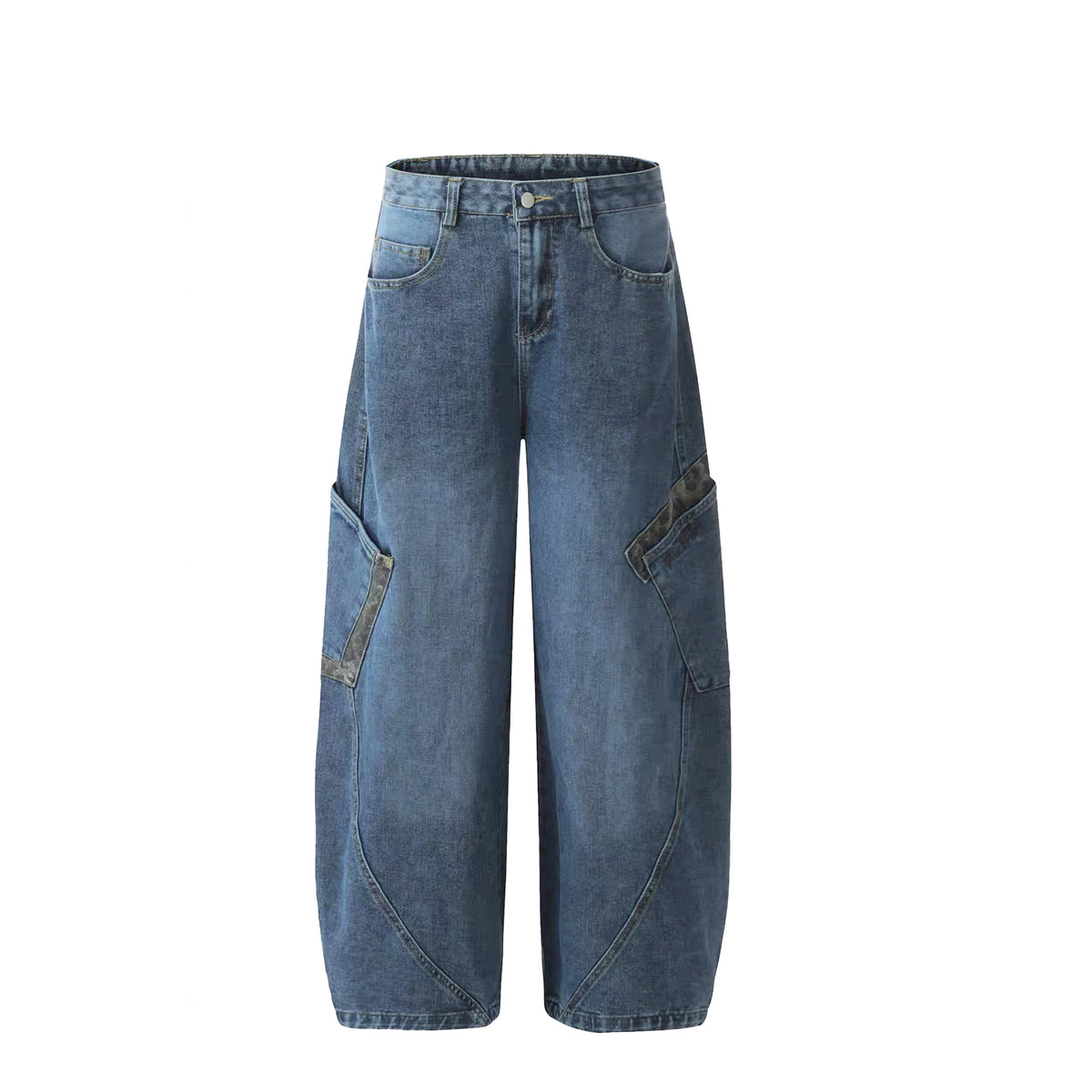 Blue Light Washed Jeans Balloon Shape Fashion Pleated Loose Wide Leg Big Pockets Vintage Straight Style for Winter Denim