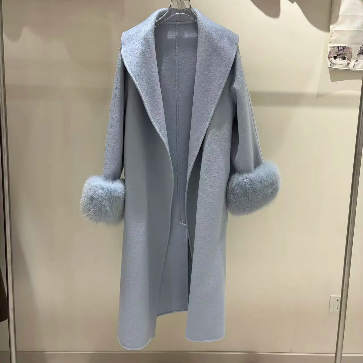 High-End Double-Sided Cashmere Coat With Lapel and Long Sleeves Fox Fur Cuffs Woolen Fabric Outerwear for Women