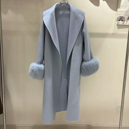 High-End Double-Sided Cashmere Coat With Lapel and Long Sleeves Fox Fur Cuffs Woolen Fabric Outerwear for Women