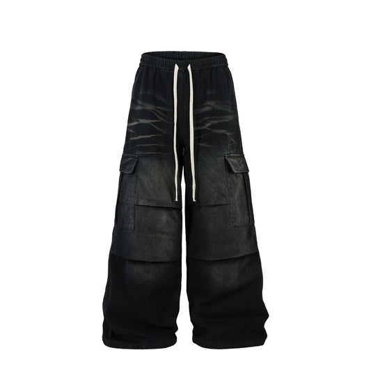 Autumn Spring Men's Drawstring Jeans Black Moustache Effect Enzyme Washed Baggy Hip Hop Wide Leg Denim Pants Mid