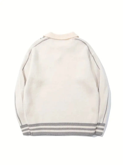 Embroidered Casual College Style POLO Knit Sweater Long Sleeve Wool Blend Unisex Sweater