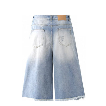 Unisex Trendy Mid Waist Knitted Wide Leg Denim Shorts Vintage Casual Style with Distressed Print Men's Summer Button Hole