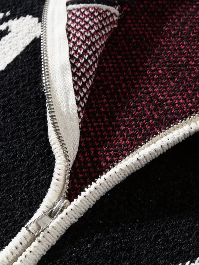 Unisex Street Style Knit Sweater Jacket Casual Loose Zipper Design Long Sleeve 100% Cotton Jacquard Pattern Knit Sweater