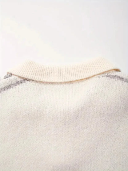 Embroidered Casual College Style POLO Knit Sweater Long Sleeve Wool Blend Unisex Sweater