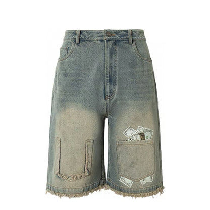 Men's Vintage Monkey Jeans Shorts for Summer Breathable Baggy Washed Denim Jorts Woven Straight Mid Y2K Casual Streetwear