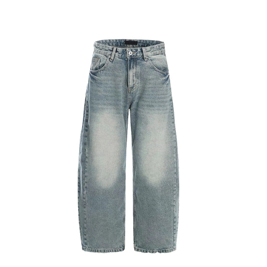 Autumn Style American High Street Punk Medium Washed Denim Straight Dragging Pants with Embroidery Loose Wide-Leg Streetwear