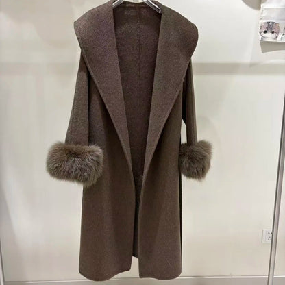 High-End Double-Sided Cashmere Coat With Lapel and Long Sleeves Fox Fur Cuffs Woolen Fabric Outerwear for Women