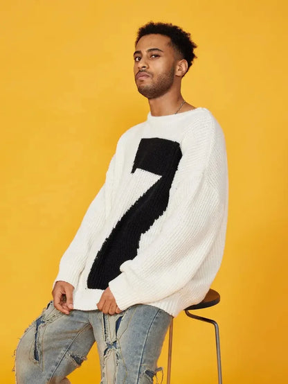 Casual Loose Knit Pullover Jacquard Letter Crew Neck Wool Blend Anti-Pilling Knit Sweater