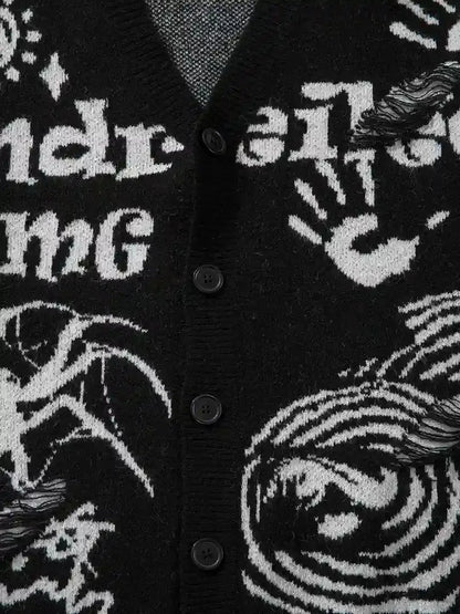 Street Style V-Neck Sweater Torn Loose Knit Cardigan Cotton Jacquard Men's Knit Cardigan