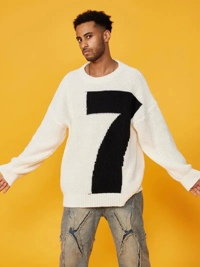 Casual Loose Knit Pullover Jacquard Letter Crew Neck Wool Blend Anti-Pilling Knit Sweater