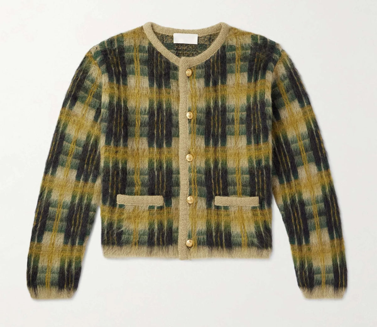 Men's Fashionable V-Neck Furry Mohair Sweater Cardigan Pockets Brushed Jacquard Knit Winter Pattern