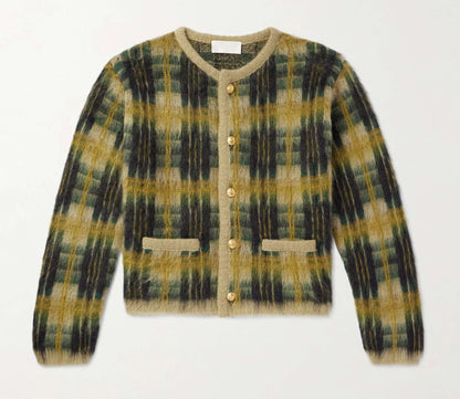 Men's Fashionable V-Neck Furry Mohair Sweater Cardigan Pockets Brushed Jacquard Knit Winter Pattern