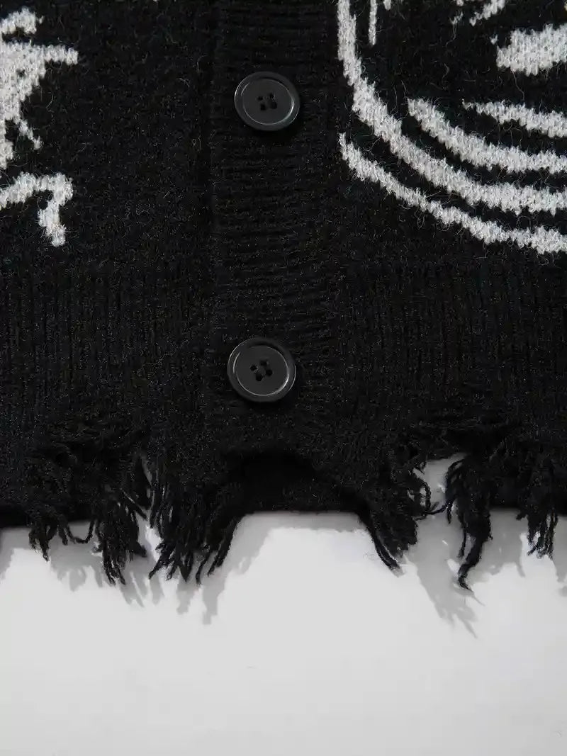 Street Style V-Neck Sweater Torn Loose Knit Cardigan Cotton Jacquard Men's Knit Cardigan