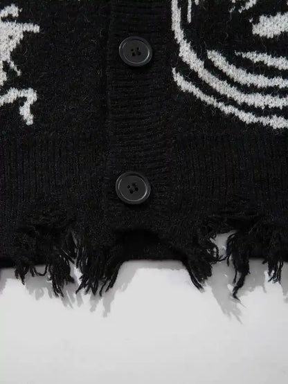 Street Style V-Neck Sweater Torn Loose Knit Cardigan Cotton Jacquard Men's Knit Cardigan